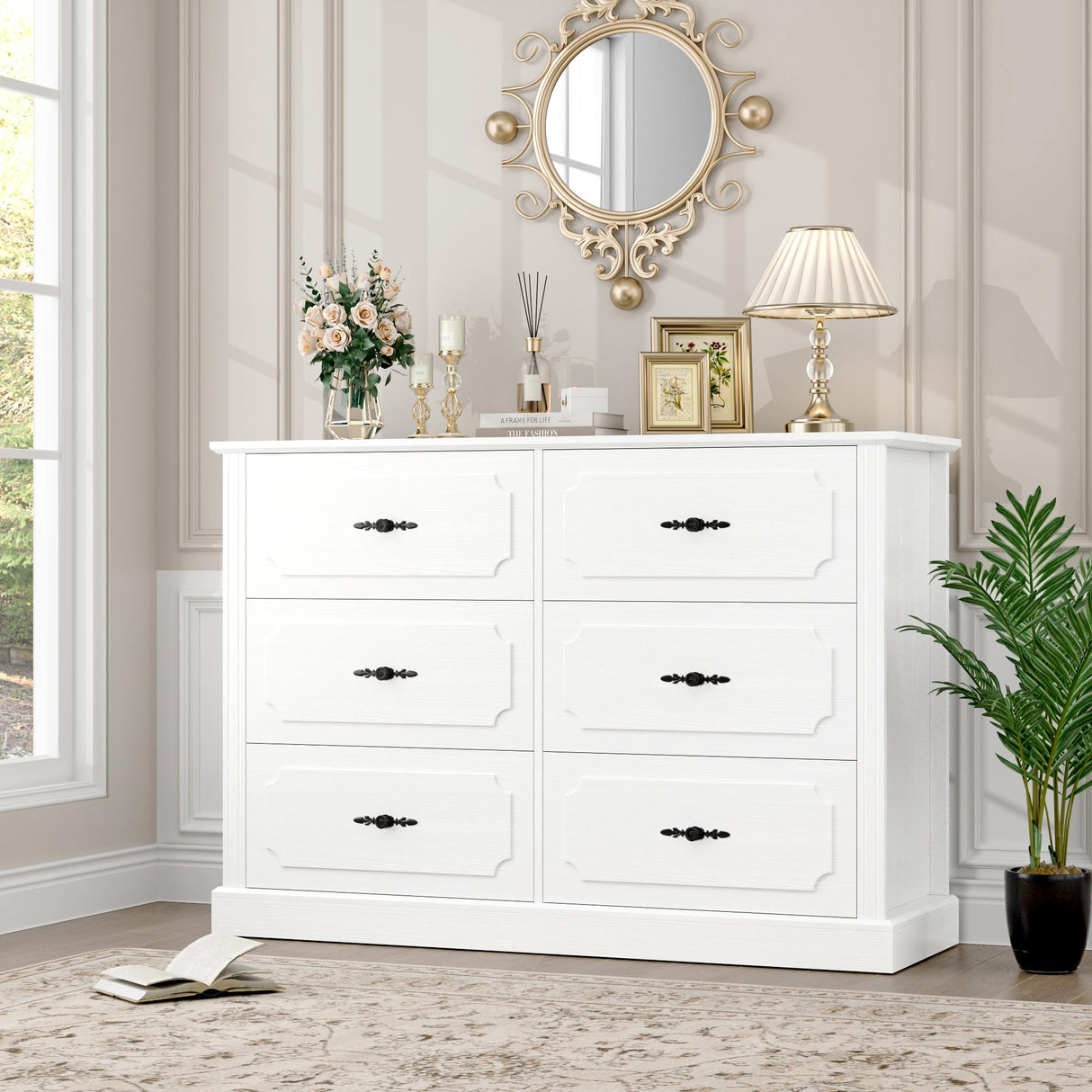 finetones White Dresser 6 Drawer, 47.2'' White Dresser Chest of Drawers, Farmhouse Wide Dresser White Chest of Drawers with Designed Drawer Surfaces, 6 Drawer Dresser Storage Organizer finetones