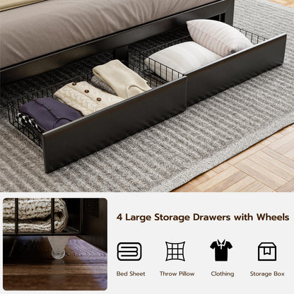 IKIFLY King Size Upholstered Bed Frame with Charging Station, 4 Storage Drawers & LED Lights - WoodArtSupply