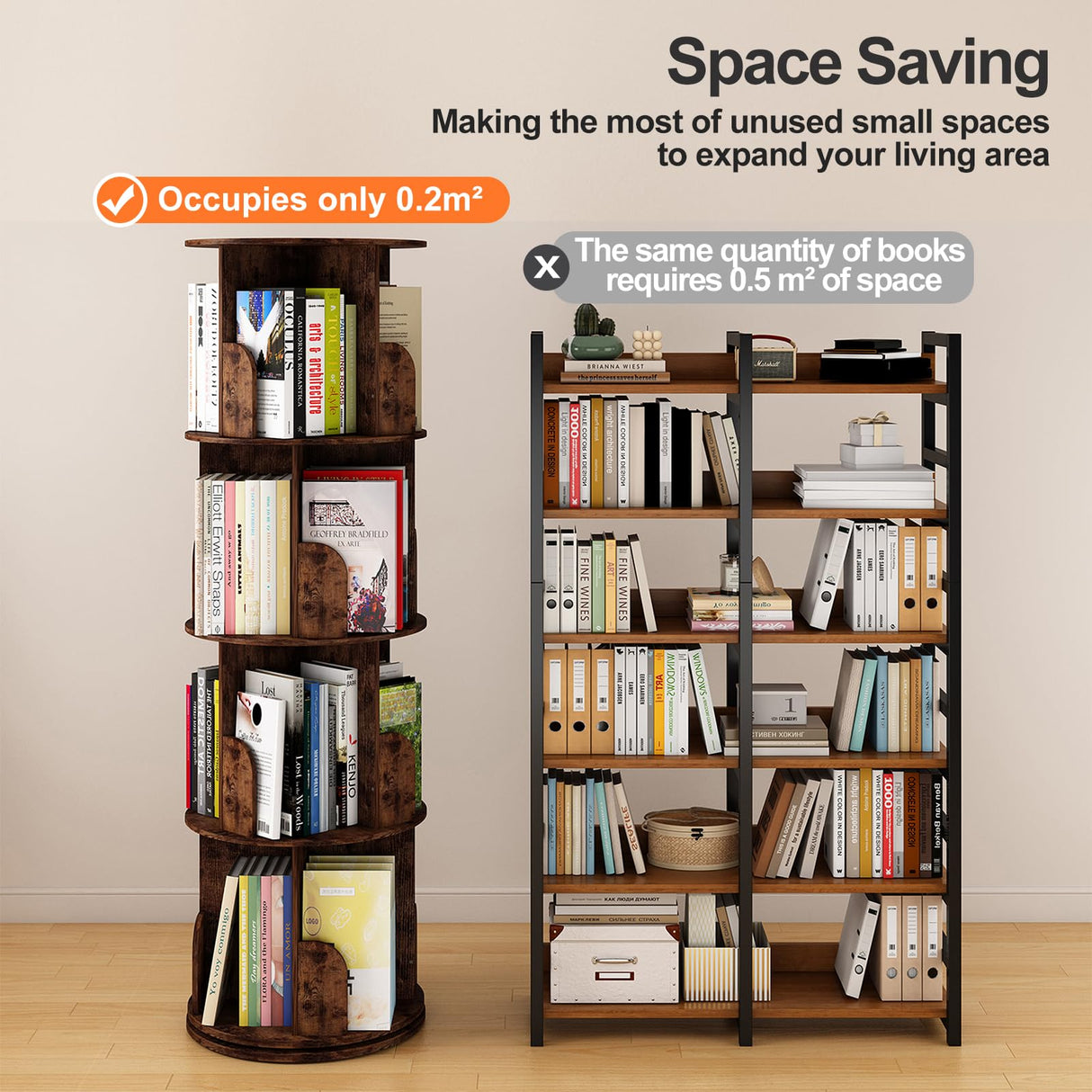 Huisenitre 360°Rotating Bookshelf,4 Tier Corner Bookcase,Book Shelf,Floor Storage Wood Organizer for Sturdy,Home Office,Living Room,Bedroom,Kids Room Huisenitre