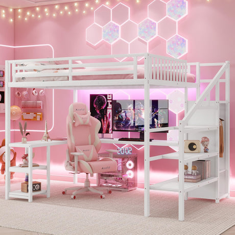 Queen Size Loft Bed with Desk,Metal Heavy Duty Queen Loft Beds with Stairs,Wardrobe and Shelves, High Gaming LoftBed with LED Light and USB Charging Station for Adults,Teens, White Mirightone