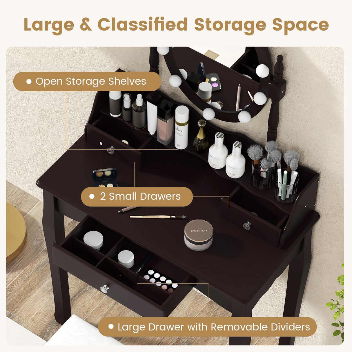 CHARMAID Girls Makeup Vanity Desk with Lights, Vanity Table with Lighted Mirror, 3 Lighting Modes, Adjustable Brightness, Modern Makeup Table with 3 Drawers and Stool for Small Space (Espresso) CHARMAID