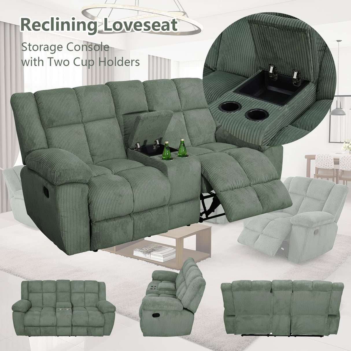 SIENWIEY Recliner Sofa Set for Reclining Living Room Furniture，Green Corduroy Reclining Sofa and Loveseat Set Manual Fabric Reclining Couch Set with 3 Seater Reclining Sofa 2 Seater Loveseat Recliner SIENWIEY