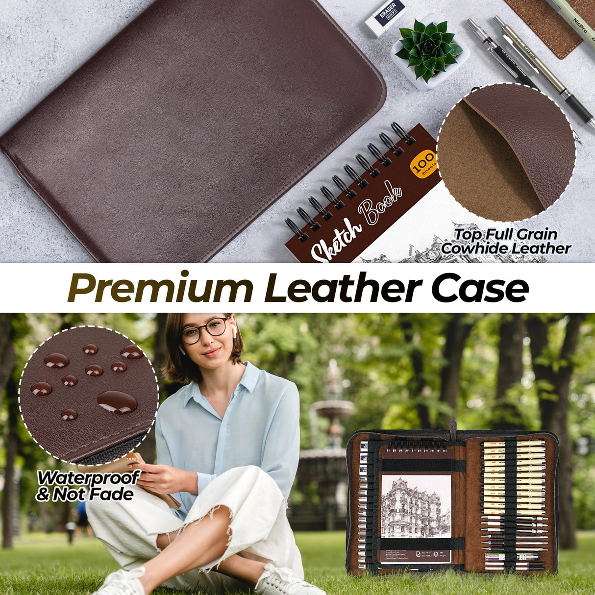 Nicpro 58 PCS Art Drawing Supplies Kit in Leather Case, Art Mechanical Pencil Set with 6 Metal Drafting Pencil 0.5 & 0.7 & 0.9 & 2mm, 12 Micron Pen, Sketch Book, 30 Tube Lead Refills for Sketching Nicpro