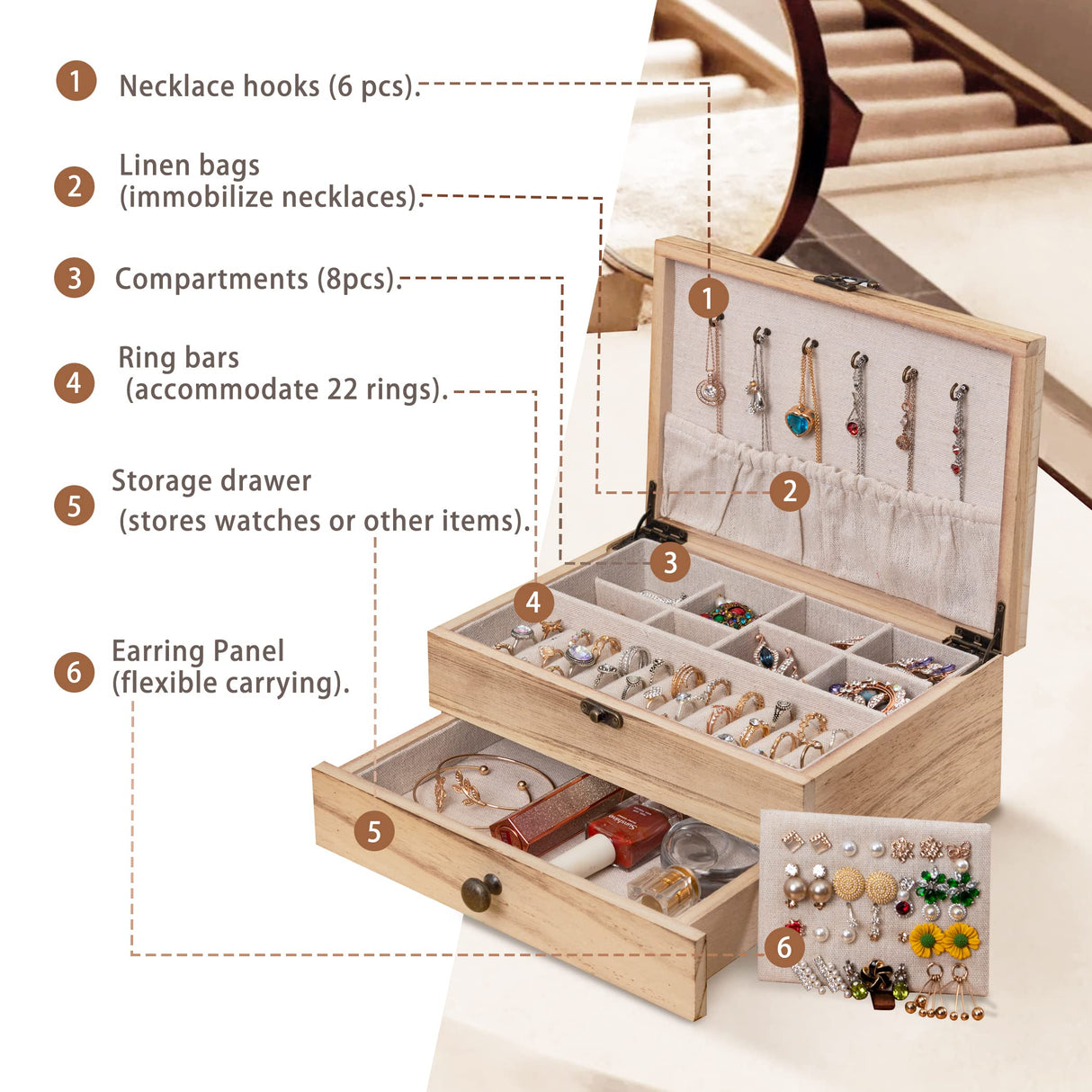 Tektalk Jewelry Box for Women Girls Jewelry Organizer Farmhouse Style Jewellery Holder for Necklace Earrings Rings Bracelets - Light Brown Tektalk