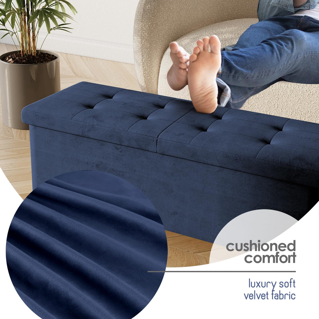 STORAGEBUD Storage Ottoman Bench with Bins, 43-in Storage Bench for Bedroom End of Bed, Folding Foot Rest Ottoman for Living Room Max 660lbs, Velvet Ottomans, Blue STORAGEBUD