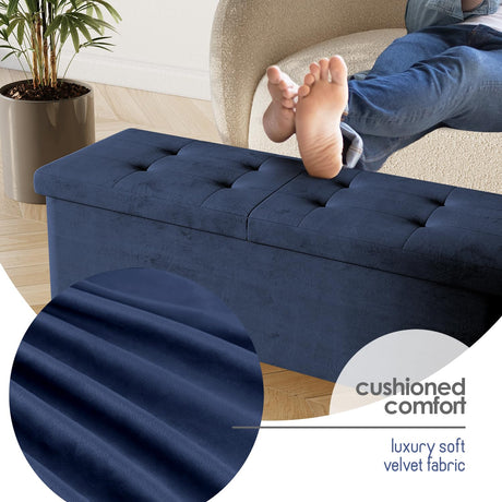 STORAGEBUD Storage Ottoman Bench with Bins, 43-in Storage Bench for Bedroom End of Bed, Folding Foot Rest Ottoman for Living Room Max 660lbs, Velvet Ottomans, Blue STORAGEBUD