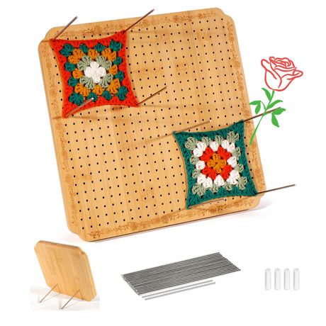 CraftyManor 12.5 in Blocking Boards for Crochet Projects with Rose Pattern, Crochet Blocking Board with Pegs, Granny Square Blocking Board with 20 Stainless Steel Pegs, Bamboo CraftyManor
