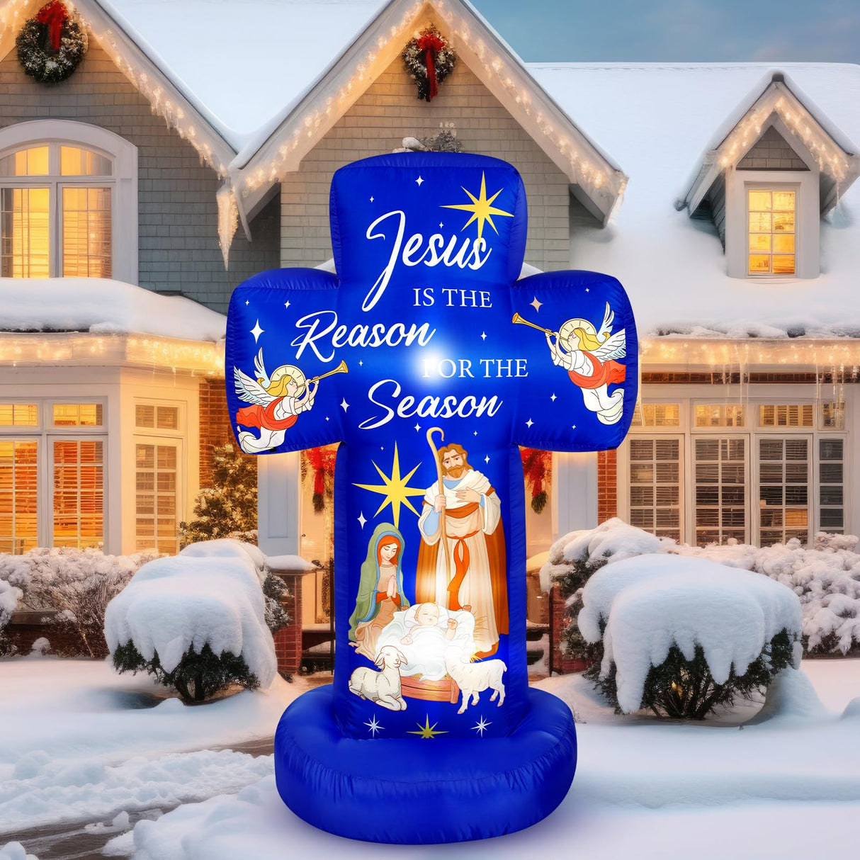 Civaner 6FT Christmas Inflatable Nativity Scene Decoration with Built in LED Lights, Jesus is The Reason for The Season Christmas Holy Nativity Decoration for Xmas Outdoor Yard Garden Lawn Civaner