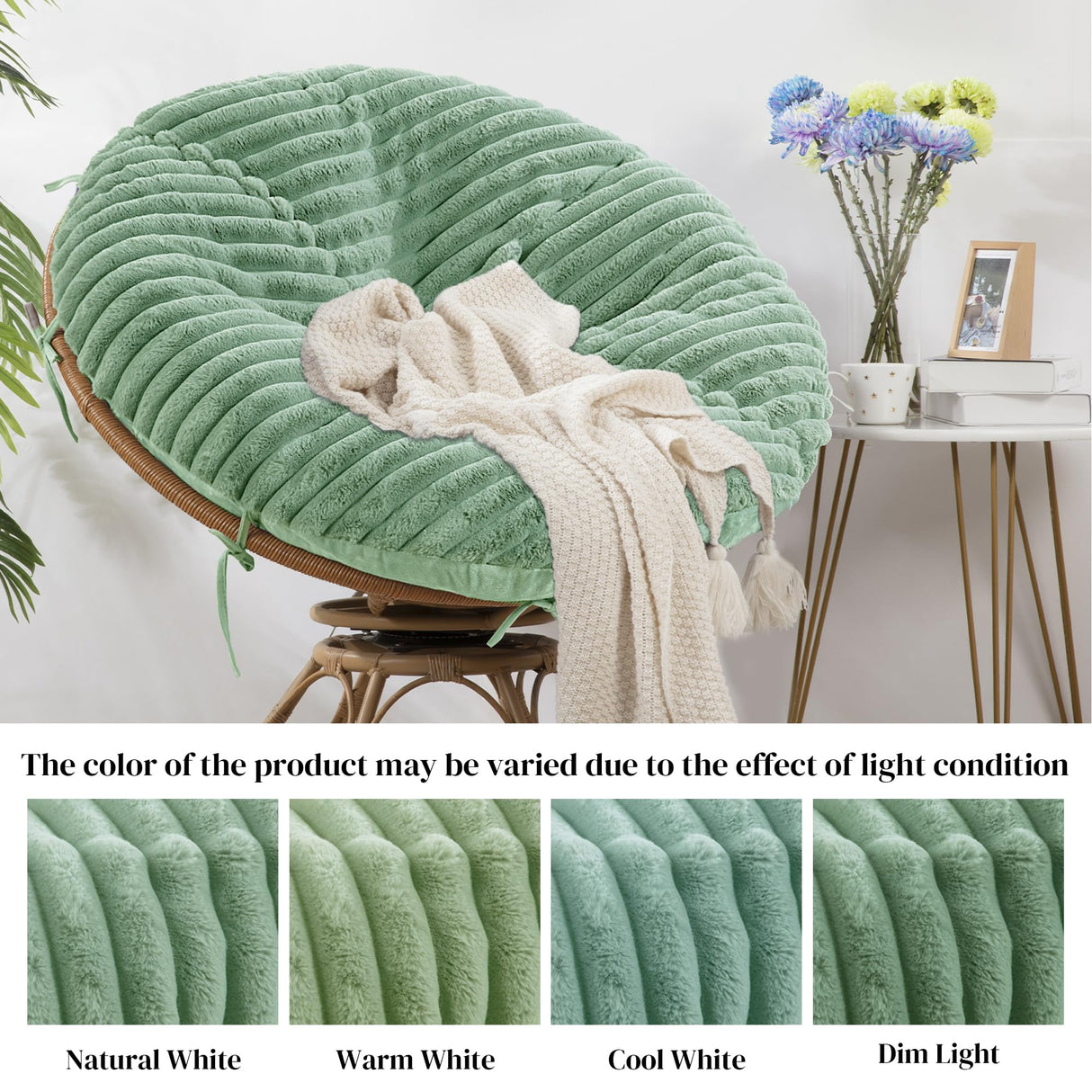 HOMBYS Fluffy Shaggy Cover for Papasan Chair Cushion, Plush Faux Fur Slipcover ONLY, (Without Cushion) Removable Soft Papasan Cushion Covers with 8 Ties, (Sage Green, 50"x50") HOMBYS