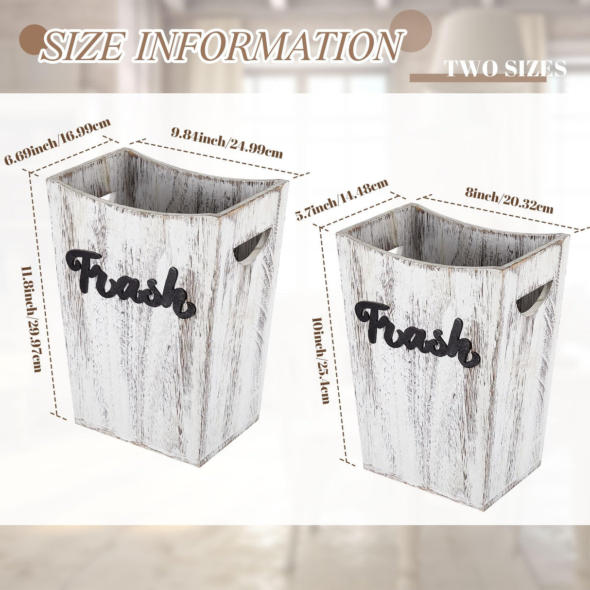 Maxcheck 2 Pcs Farmhouse Bathroom Wood Trash Can, 2 Sizes Rustic Square Wastebasket Bin with Convenient Handle for Bathroom, Kitchen, Bedroom, Office(White) Maxcheck