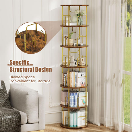 ALLSTAND 6 Tier Rotating Bookshelf, 360 ° Display Stackable Spinning Bookshelf Tower, Corner Bookshelf Tall Floor Standing Swivel Bookcase Narrow Storage Organizer for Bedroom, Living Room, Gold ALLSTAND