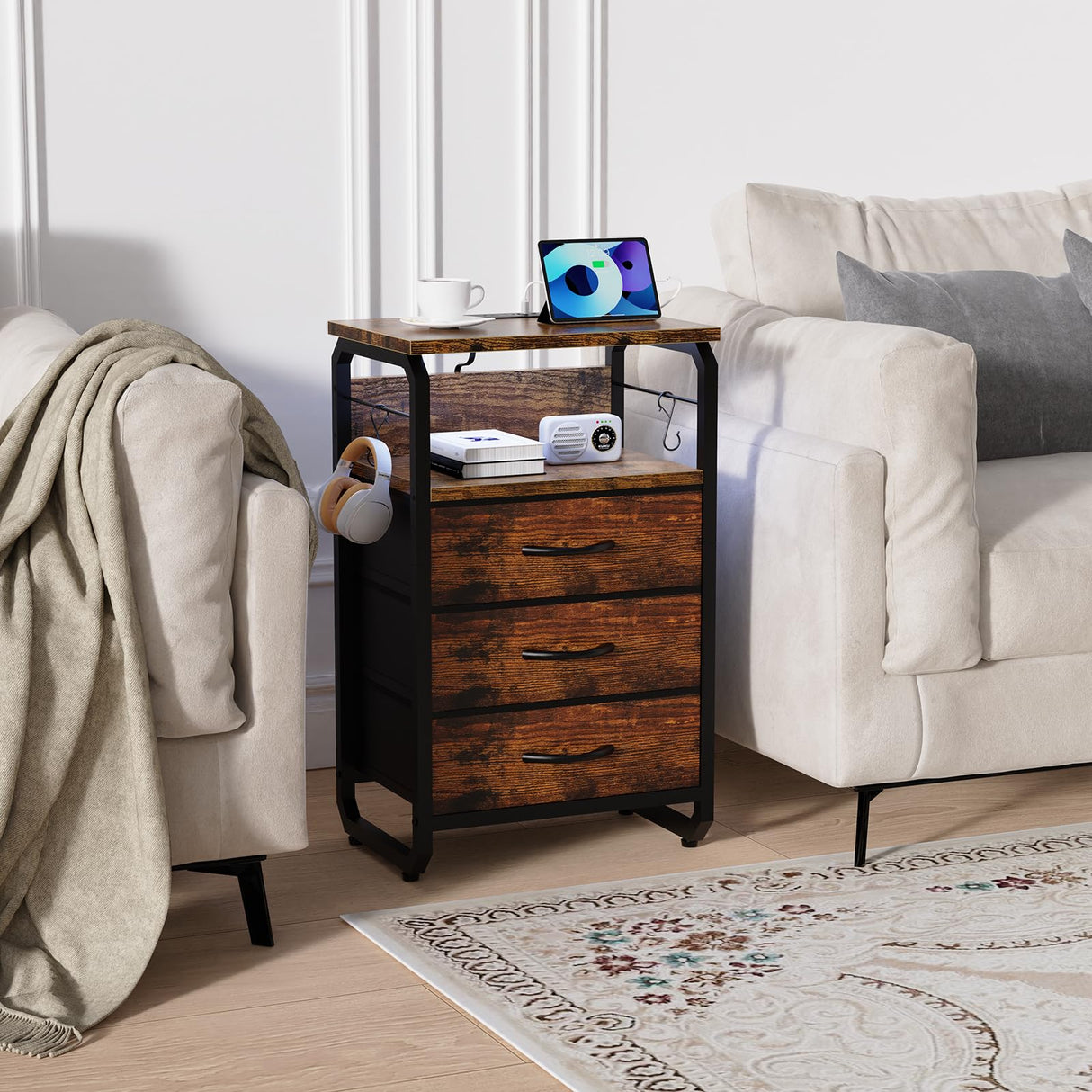 runjuly Tall Nightstand Set of 2 with Charging Station, Bed Side Tables Bedroom Set of 2, LED Night Stand Set 2, Bedside Table with Drawers, Night End Table with Storage for Bedroom, Dorm Rustic Brown runjuly