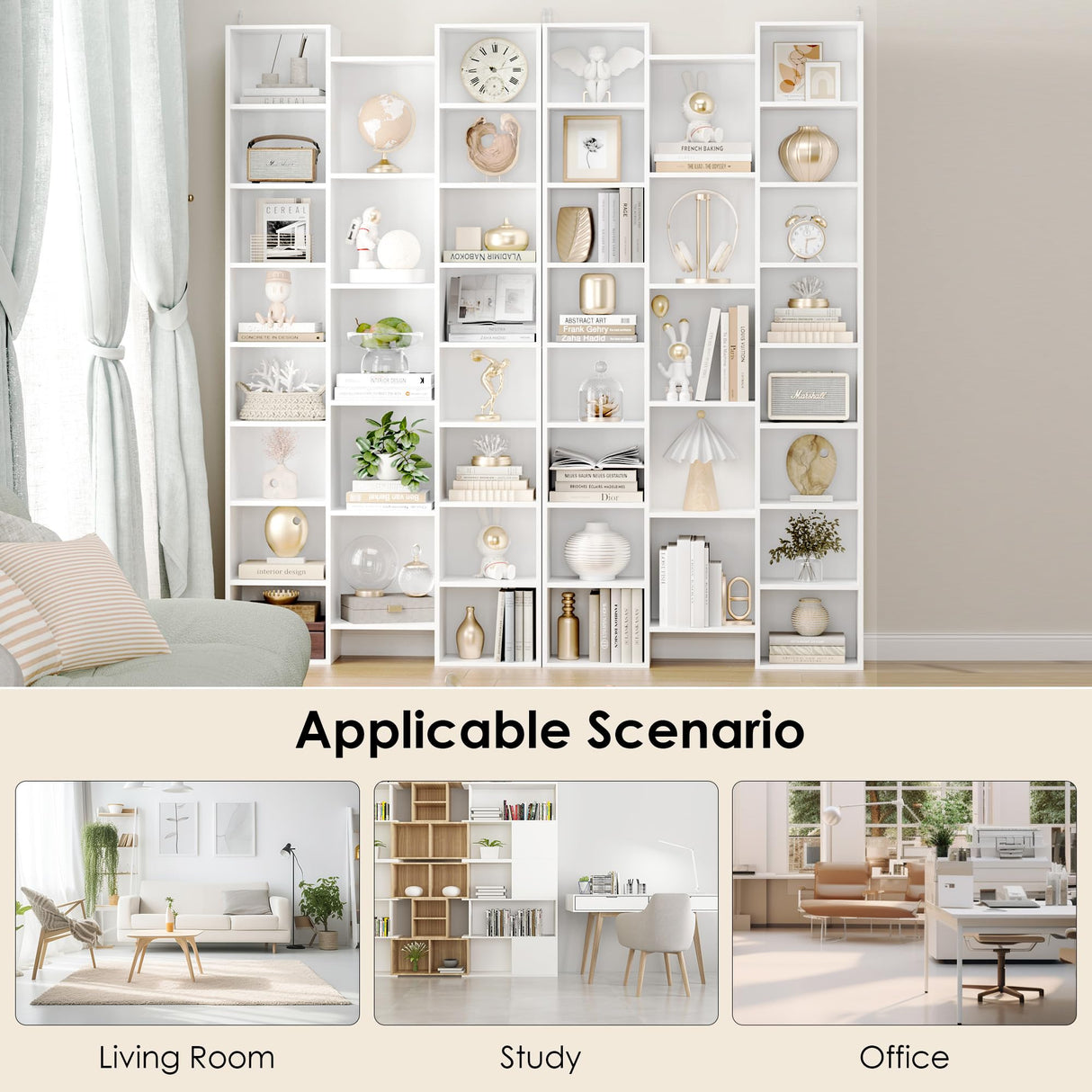 FOTOSOK Triple Wide 8 Tier Media Storage Tower Rack, 71’’ Large CD DVD Storage Tower Rack with Adjustable Shelves, White Bookshelf Tall Narrow Bookshelf Storage Organizer Shelf for Home Office, White FOTOSOK