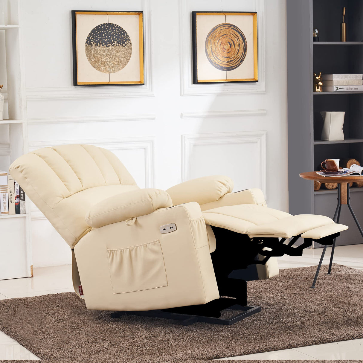 MCombo Power Lift Recliner Chair for Elderly, Lift Chair with Heat and Massage, USB &Type C Ports, Cup Holders, Faux Leather 7095 (Medium, Cream White) MCombo