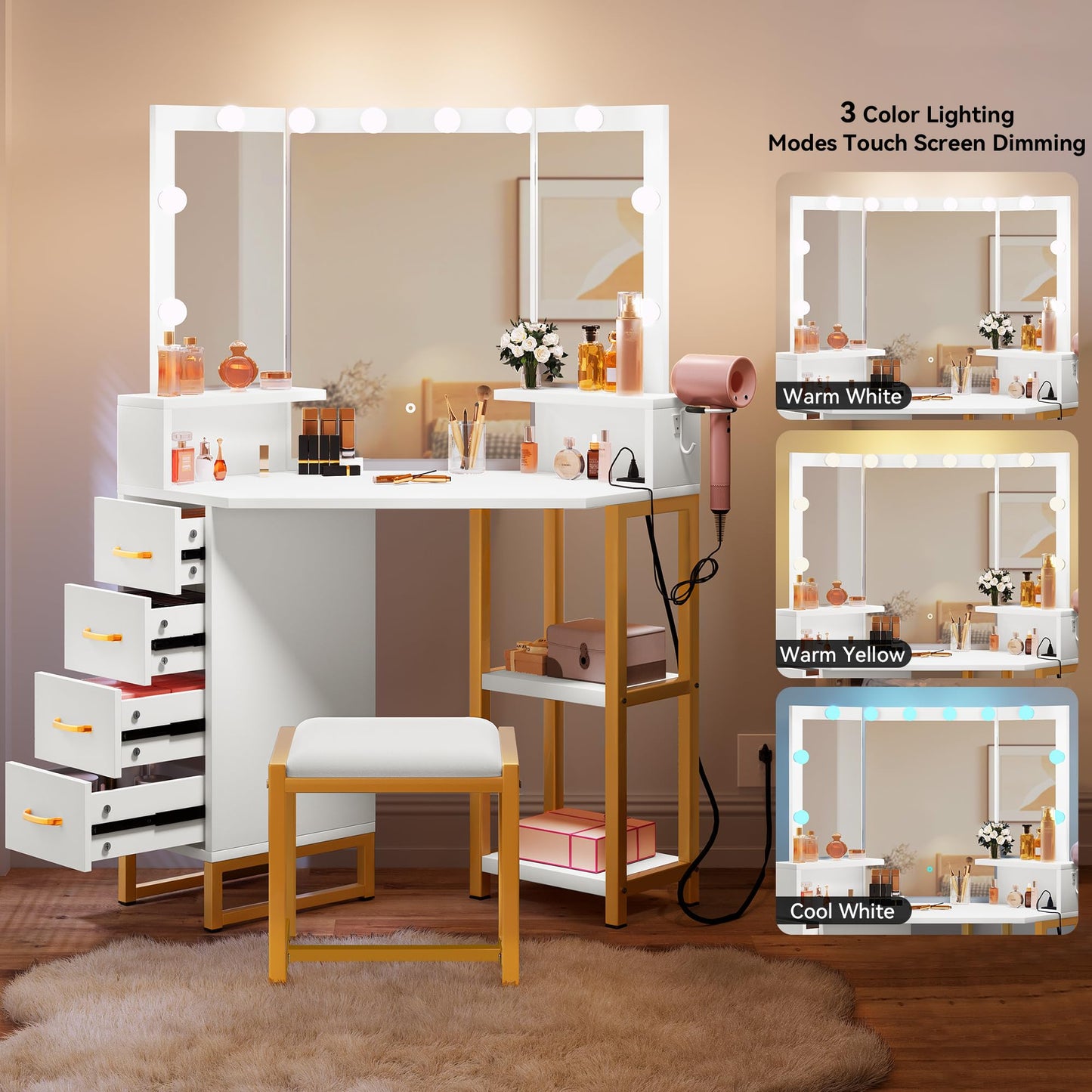 YITAHOME Vanity Desk with Lights, Power Outlet, 3 Color Options, Storage Drawers, Shelves, Stool - White - WoodArtSupply