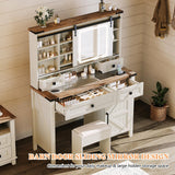 AMERLIFE 42'' Farmhouse Makeup Vanity Desk with Sliding Mirror and Lights, Glass Tabletop Vanity Table with 2 Drawers & Shelves for Bedroom(NO Bench), Antique White AMERLIFE