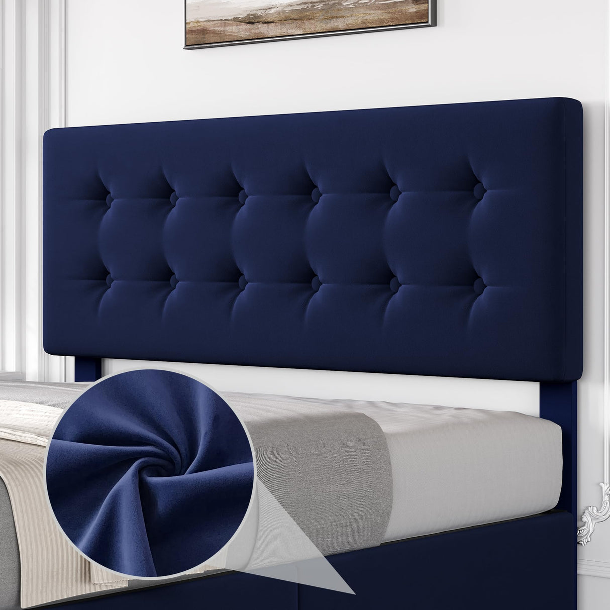 IDEALHOUSE Queen Size Bed Frame with 4 Storage Drawers and Headboard, Velvet Upholstered Platform Bed Frame with Wooden Slats Support, Button Tufted Design, No Box Spring Needed, Blue IDEALHOUSE