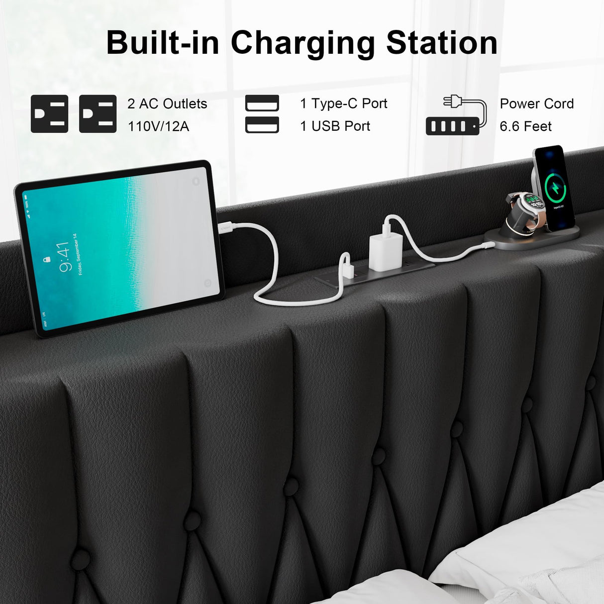 Leather King Size Bed Frame with Fast Charging Station,Metal Platform King Beds with Upholstered Headboard & Footboard,12" Underbed Storage Space, Easy Assembly,Noise-Free,Black Feonase