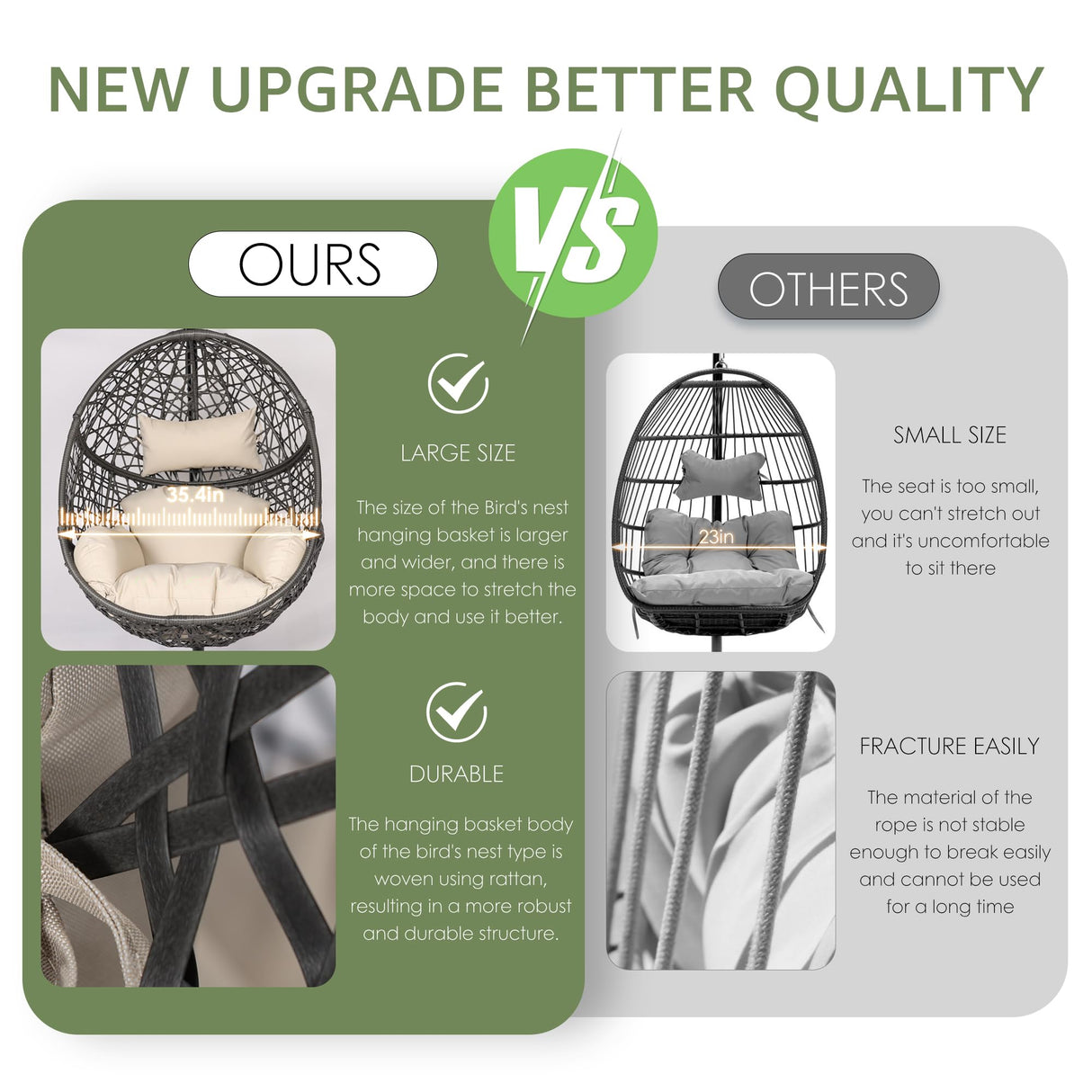 NICESOUL Oversized Patio Swing Egg Chair, Cozy Bird Cage Hanging Basket Chairs with Stand, Indoor Outdoor Large Rattan Swinging Chair, 450 lbs Sturdy Egg-Shape Padded Seat for Balcony Outside, Beige NICESOUL