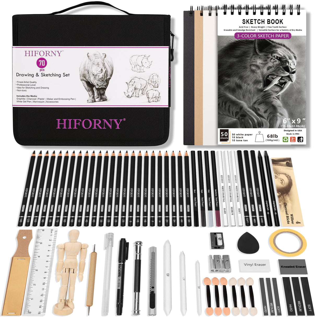 HIFORNY 70 Pcs Drawing Set Sketching Kit - Sketch Pencils Art Supplies for Adults Artists Kids with 3-Color Sketchbook,Graphite,Pastel,Charcoal Pencils,Blending Tools HIFORNY