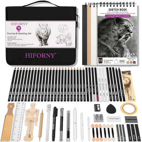 HIFORNY 70 Pcs Drawing Set Sketching Kit - Sketch Pencils Art Supplies for Adults Artists Kids with 3-Color Sketchbook,Graphite,Pastel,Charcoal Pencils,Blending Tools HIFORNY