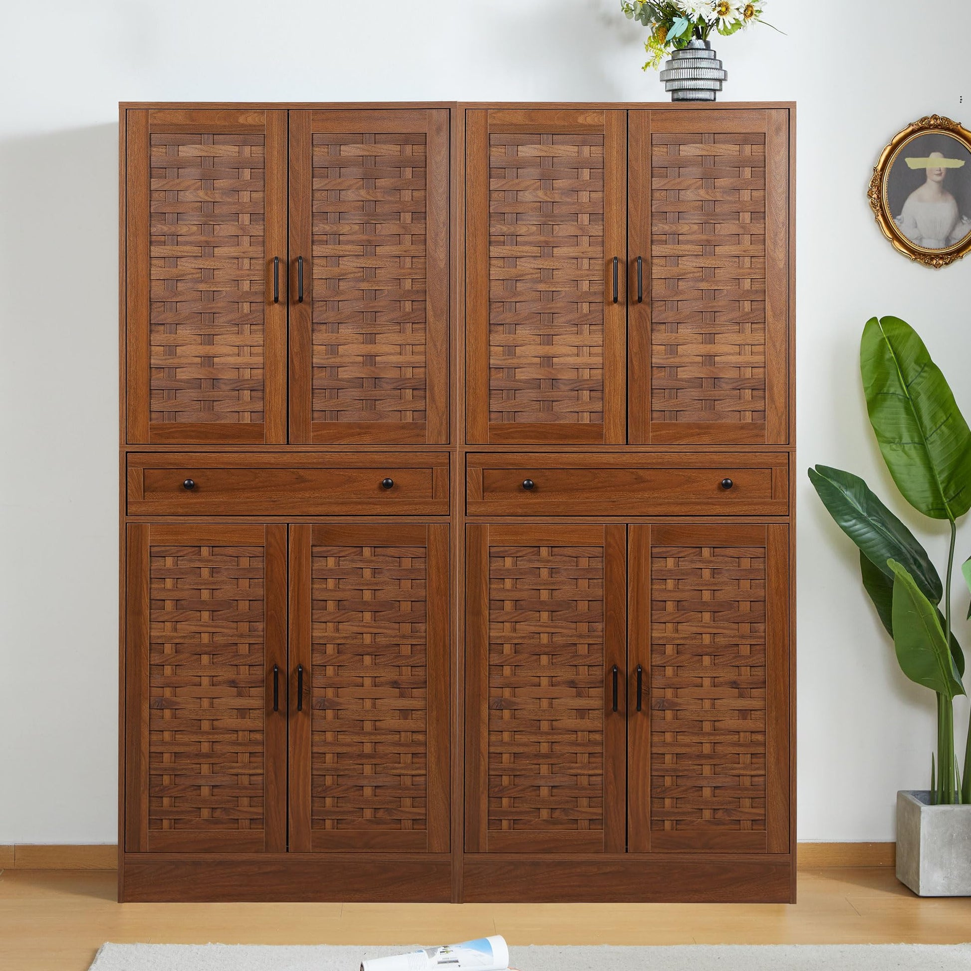 LEVNARY 72" Kitchen Pantry Storage Cabinet with 4 Woven Doors, Drawer and 4 Adjustable Shelves, Freestanding Cupboard Storage Cabinet for Living Room Kitchen (Walnut) - WoodArtSupply