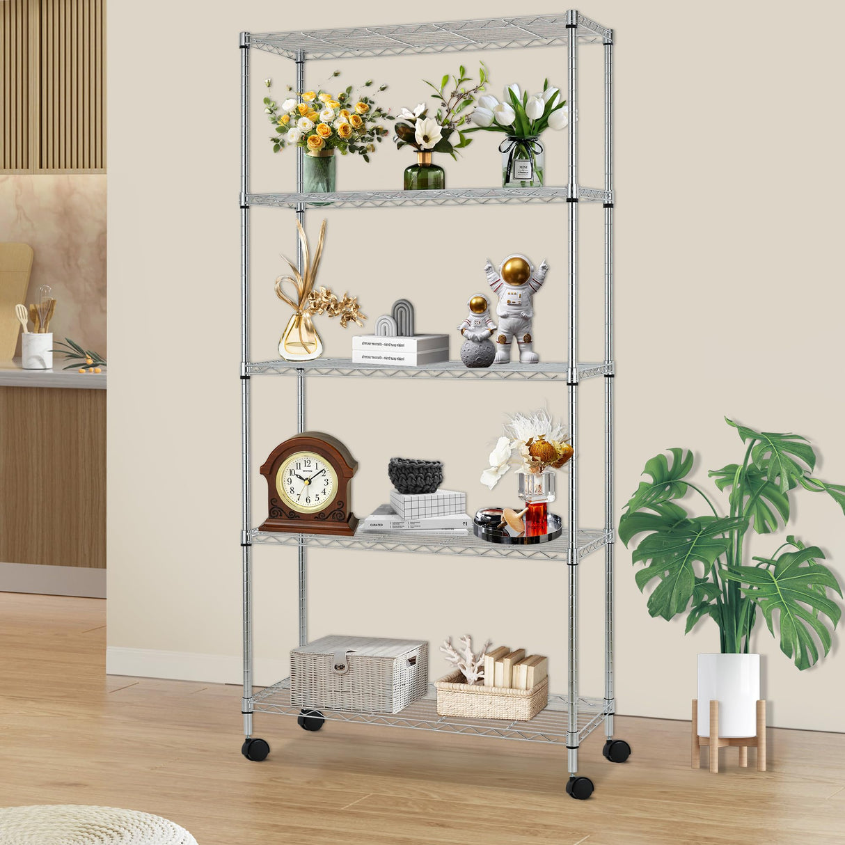 FDW | 5-Tier Wire Storage Shelves with Wheels | 30"x14"x61" | Chrome | Adjustable Racks | Heavy-Duty Metal Shelf, Holds Upto 220 lbs | Tool-Free Assembly, Rust-Resistant | for Home & Garage Shelving FDW