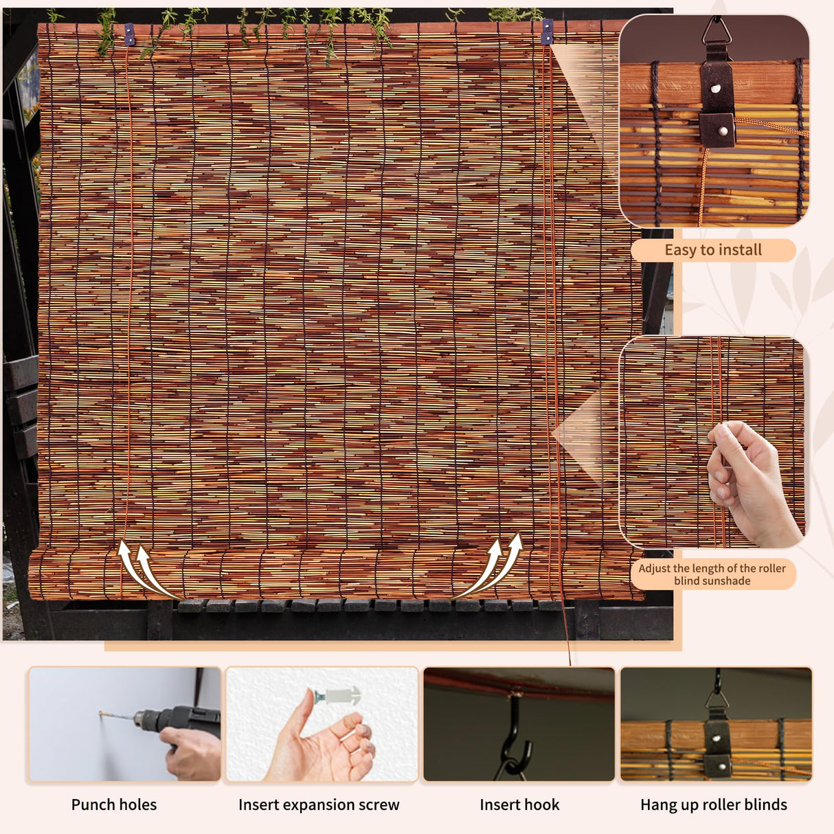 SHYDZYYC Reed Roller Shades,2 Pcs 48" W x 72" H Waterproof Privacy Screen Bamboo Outdoor Blind, Reed Curtain for Porch, Patio, Yard, Windows (Brown) SHYDZYYC