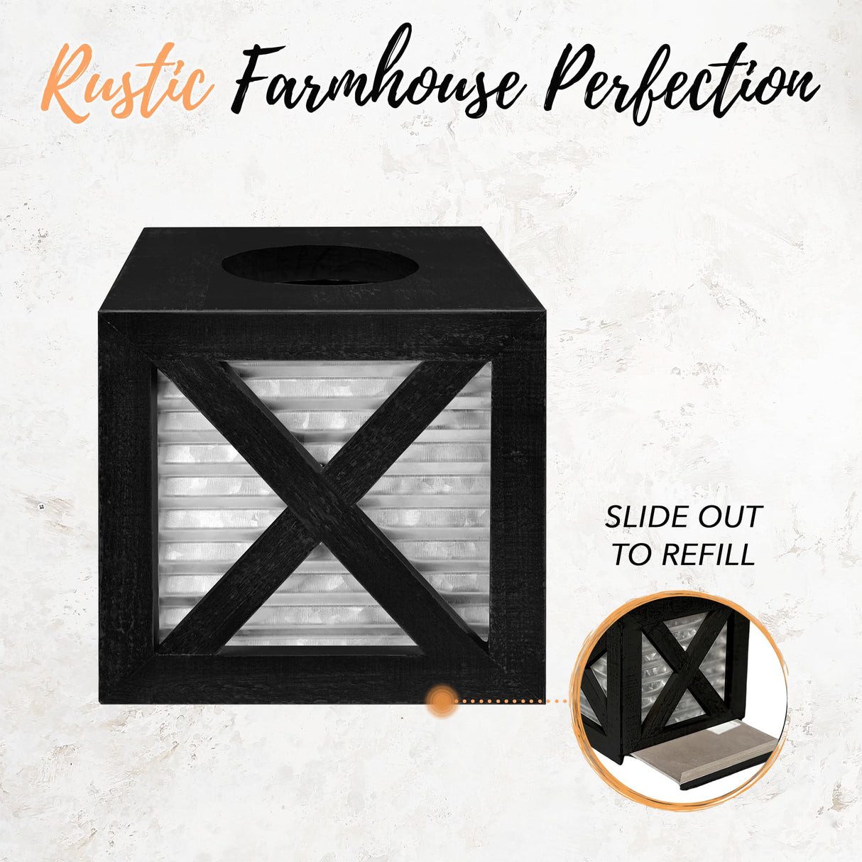 Autumn Alley Barn Door Square Farmhouse Tissue Box Cover in Black and Galvanized – Farmhouse Bathroom Accessories – Rustic Bathroom Décor Tissue Holder | Wood Galvanized Tissue Box Cover Autumn Alley