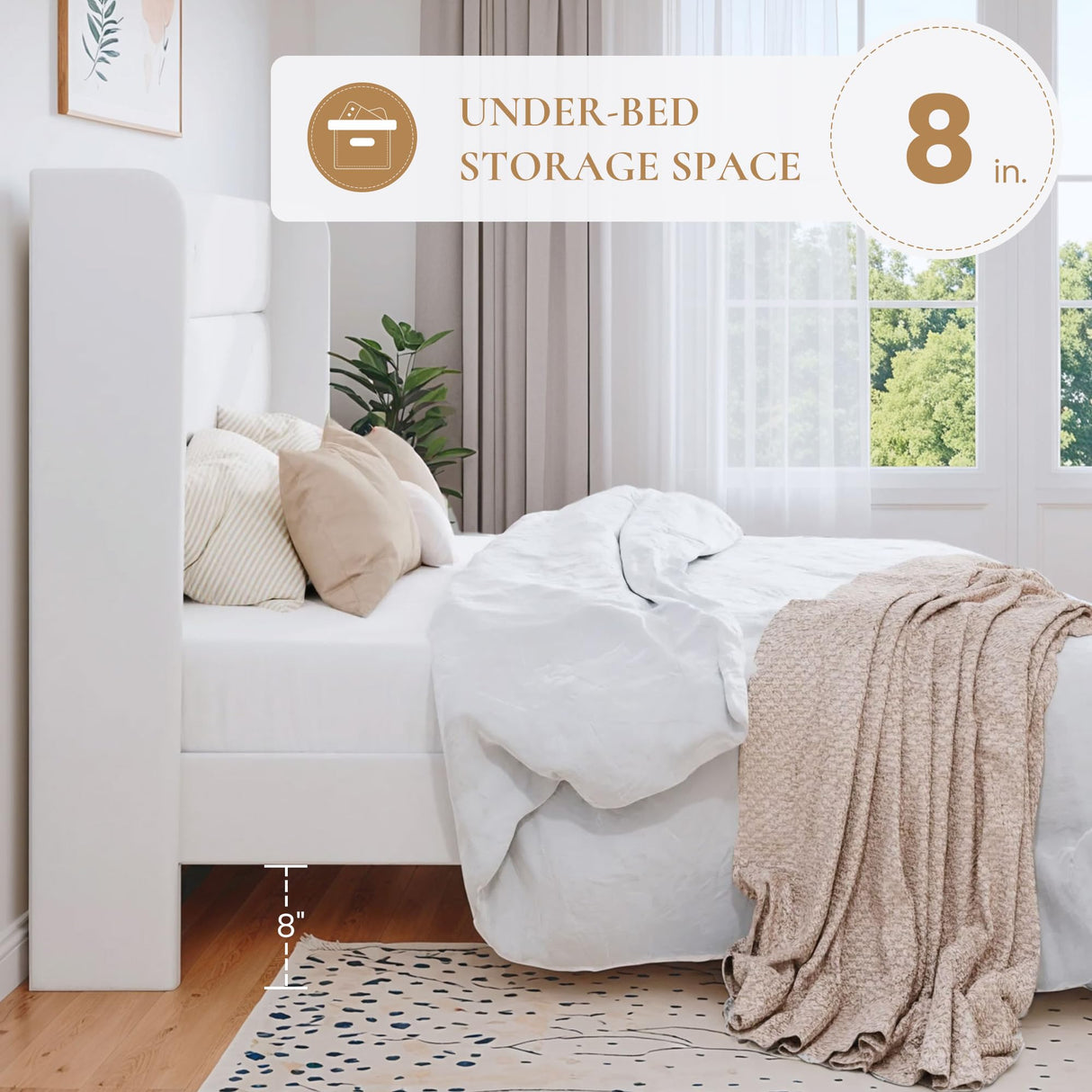 SHA CERLIN Full Size Velvet Bed Frame/Vertical Channel Tufted Wingback Headboard/Upholstered Platform Bed with Wooden Slats/Mattress Foundation/No Box Spring Needed/Easy Assembly/White SHA CERLIN