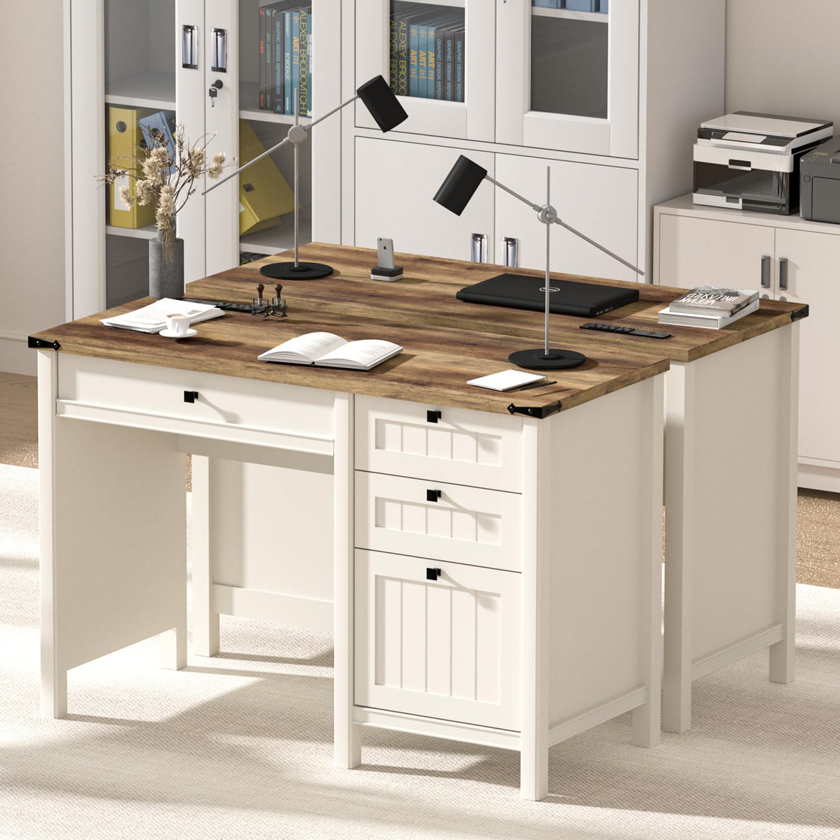 ENOUSHU Executive Desk, Farmhouse Computer Desk with Drawers & Cabinet, Home Office Desk for Work Study Writing Workspace (White, 45") ENOUSHU