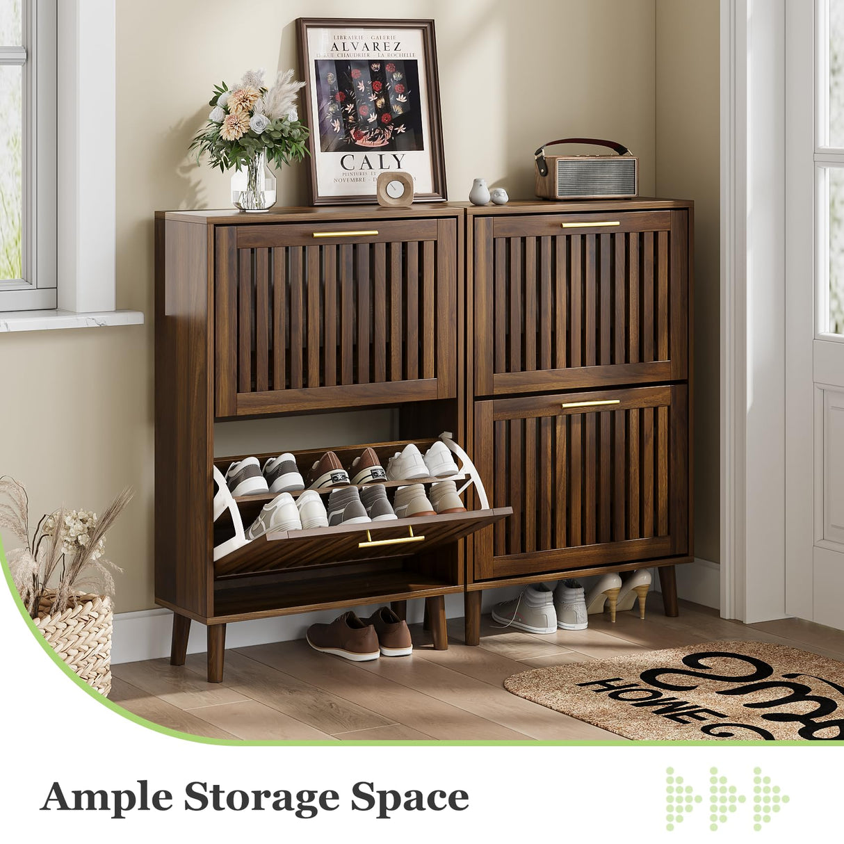 Shoe Cabinet, Shoe Storage Cabinet with Louvered 2 Flip Drawers, Narrow Shoe Cabinet Storage for Entryway, Freestanding Shoe Organizer Cabinet with Golden Handles, Slim Shoe Rack Cabinet (Walnut) Algherohein