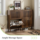 Shoe Cabinet, Shoe Storage Cabinet with Louvered 2 Flip Drawers, Narrow Shoe Cabinet Storage for Entryway, Freestanding Shoe Organizer Cabinet with Golden Handles, Slim Shoe Rack Cabinet (Walnut) Algherohein