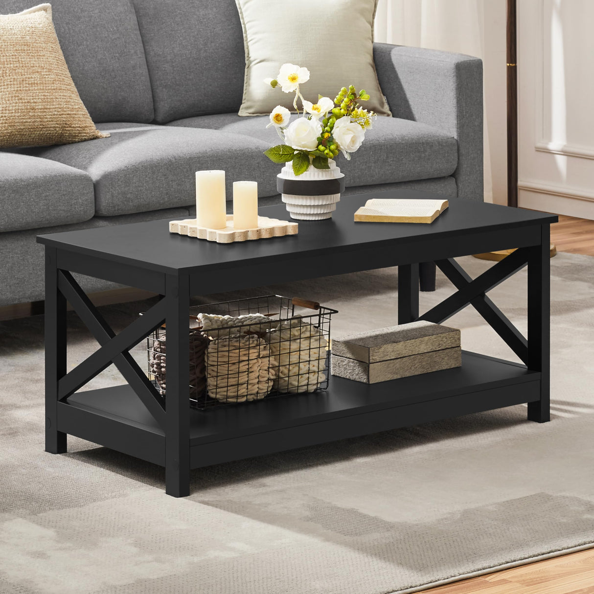 Yaheetech Wood 2-Tier Black Coffee Table with Storage Shelf for Living Room, X Design Accent Cocktail Table, Easy Assembly Home Furniture, 39.5 x 21.5 x 18 Inches Yaheetech