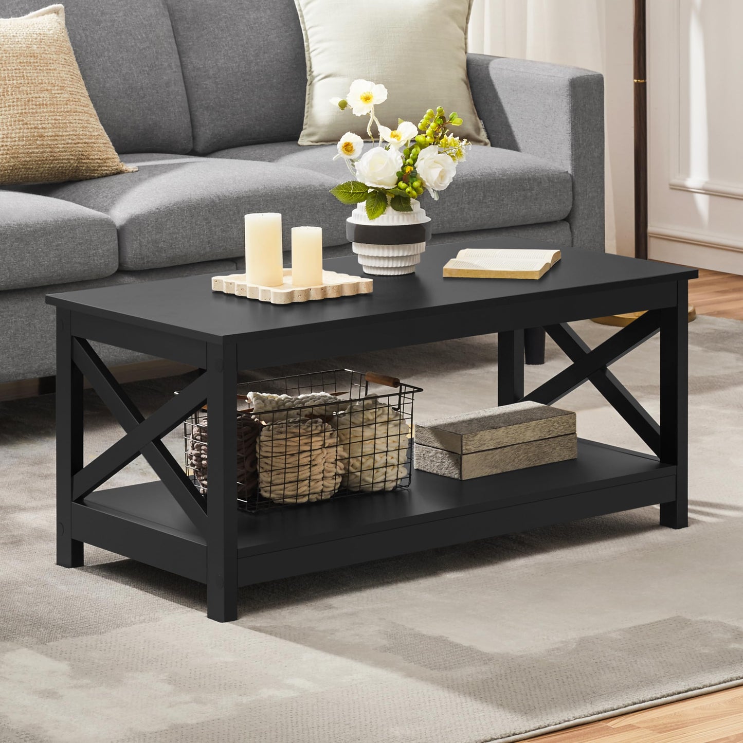 Yaheetech Wood 2-Tier Black Coffee Table with Storage Shelf for Living Room, X Design Accent Cocktail Table, Easy Assembly Home Furniture, 39.5 x 21.5 x 18 Inches