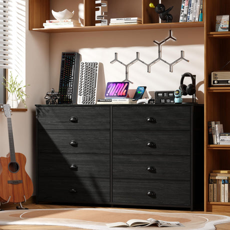 Furnulem Wide Dresser with 8 Fabric Drawers, TV Entertainment Center with Storage for 55'' TV, Large Chest of Drawers for Bedroom, Living Room, Dorm, Closet, Entryway, Wood Top (Black Oak) Furnulem