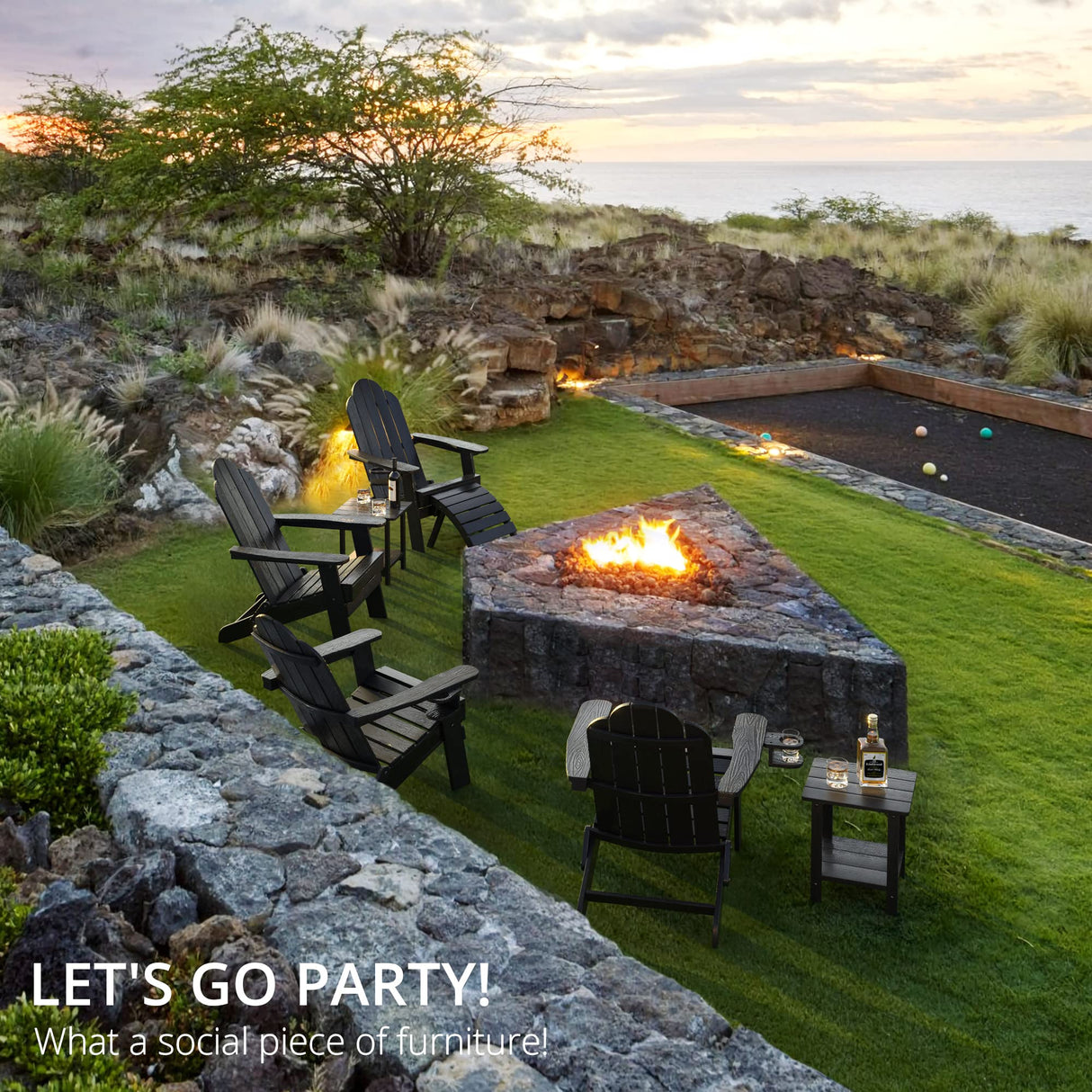 LUE BONA Folding Adirondack Chair Set of 4, Black HDPS Fire Pit Patio Chairs Weather Resistant, Modern Plastic Outdoor Chairs with Cup Holder LUE BONA