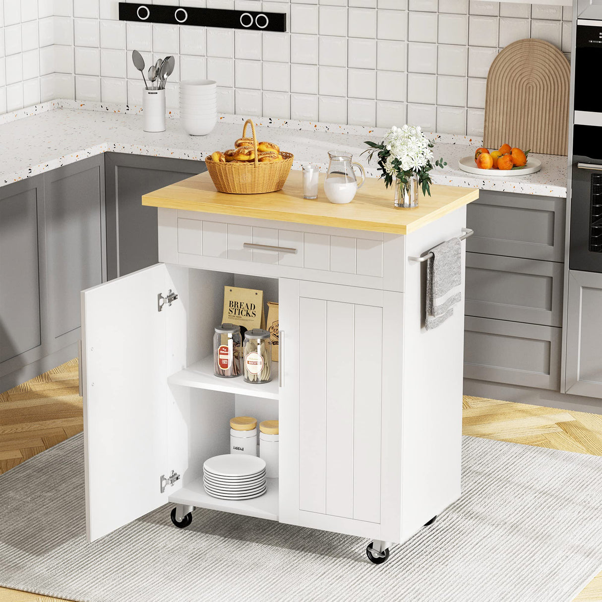 JY QAQA 26" Kitchen Island on Wheels with Storage Cabinet Kitchen Cart Cabinet with Shelves, Cart Handle for Towel Rack or Free Mobility, Portable Islands for Kitchen,White JY QAQA PET