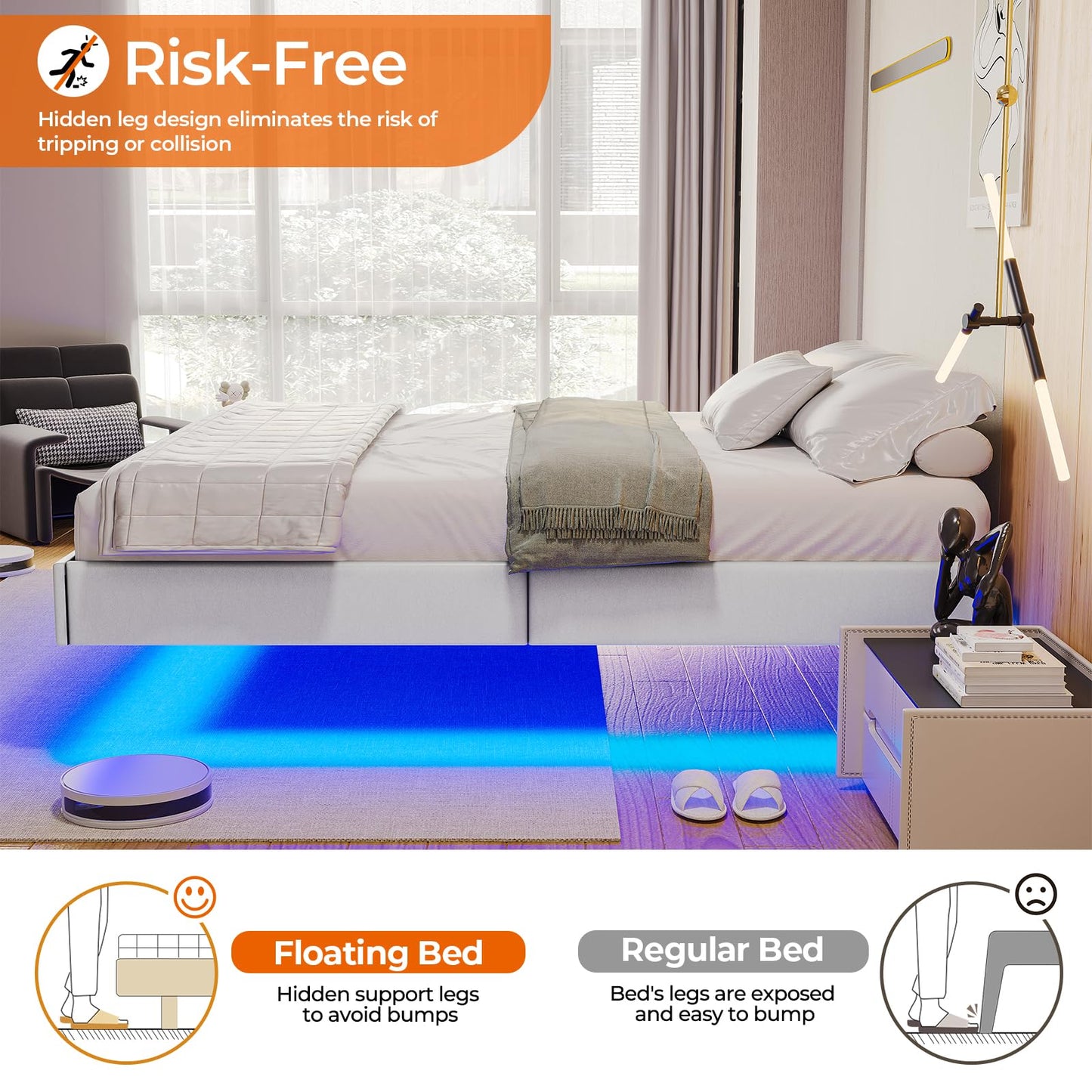 Hasuit Floating Queen Bed Frame with LED Lights - Modern White Platform Bed, No Box Spring Needed, Easy Assembly - WoodArtSupply