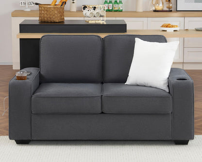 VanAcc Sofa, Comfy Couch- Deep Seat Sofa, Modern Couch with Cup Holders & USB Charging Ports, Loveseat for Living Room (Charcoal Grey Chenille)