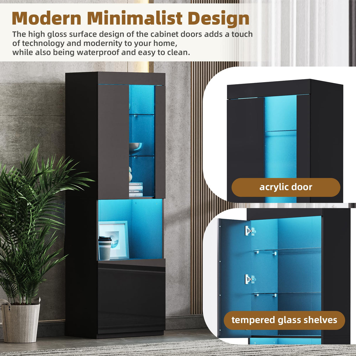 MaiDeHaoo Display Cabinet with LED Lights, 67" Tall Bookcase with 4 Tier Curio Shelves and Multicolor Lights, Modern High Gloss Display Cabinets for Living Room - Black MaiDeHaoo