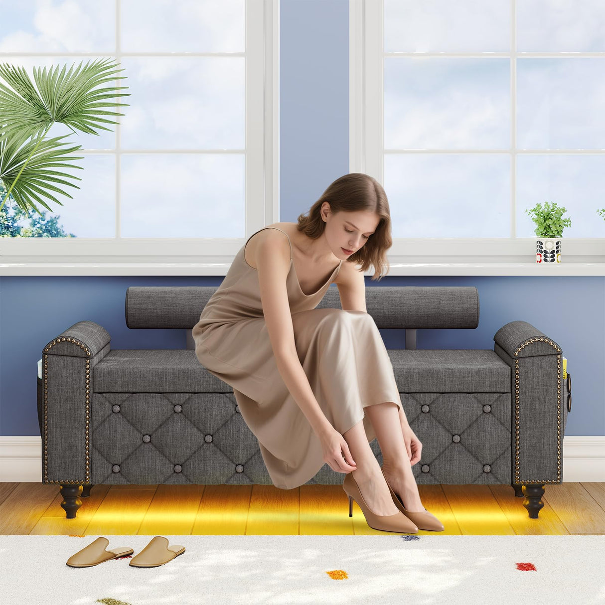 51" Ottoman with Storage, Storage Ottoman Bench with Upholstered Backrest, Tufted Entryway Bench with Curved Arm Support, End of Bed Bench with LED Lights,Storage Bench for Bedroom,Living Room,Grey Tagafi