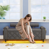 51" Ottoman with Storage, Storage Ottoman Bench with Upholstered Backrest, Tufted Entryway Bench with Curved Arm Support, End of Bed Bench with LED Lights,Storage Bench for Bedroom,Living Room,Grey Tagafi