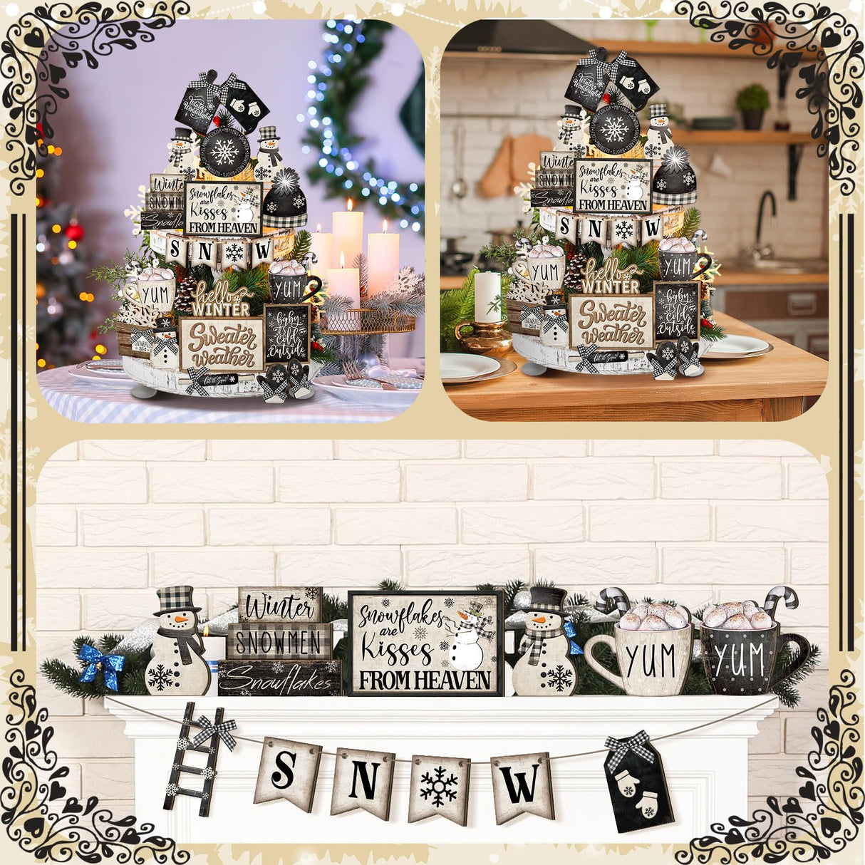 CroBlissful 24 Pcs Christmas Winter Tiered Tray Decor Snowman Farmhouse Decor Christmas Winter Snowflake Snowman Table Centerpieces Hello Winter Wood Blocks Signs for Home Decor, Without Tray CroBlissful