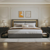 Queen Size Grey Upholstered Bed Frame with Storage, LED Lights & Wingback Headboard - LIMGLIM LIMGLIM