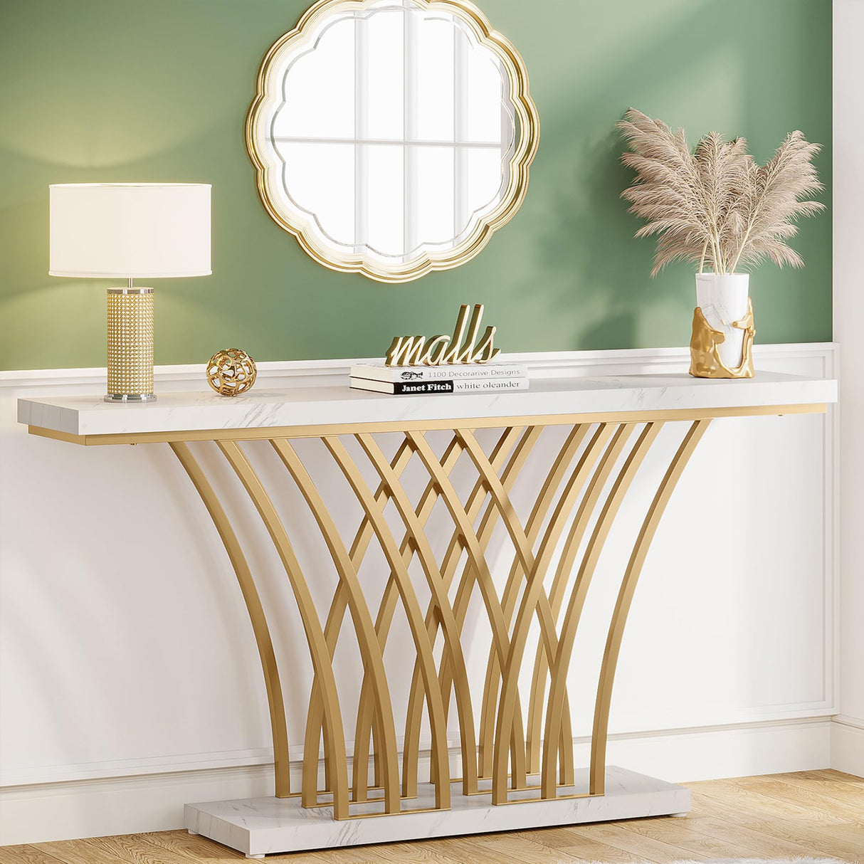 Tribesigns 59 inch Gold Console Table, Modern Entryway Table with Grid-Shaped Metal Base for Entrance, Hallway, Entryway, Living Room(White Faux Marble & Gold) Tribesigns