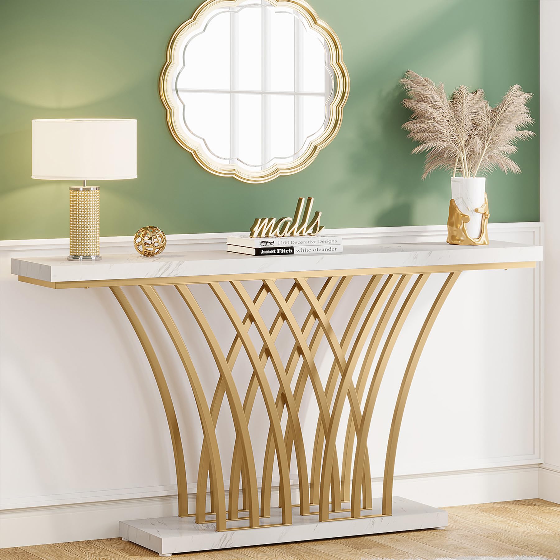 Tribesigns 59 inch Gold Console Table, Modern Entryway Table with Grid-Shaped Metal Base for Entrance, Hallway, Entryway, Living Room(White Faux Marble & Gold) - WoodArtSupply