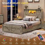 Hasuit Farmhouse Bed Frame Twin XL Size with 2 Storage Drawers, Wooden Platform Twin XL Bed with LED Lights and Charging Station, Rustic Headboard with Sliding Barn Door Storage Cabinets (Rustic Oak) Hasuit