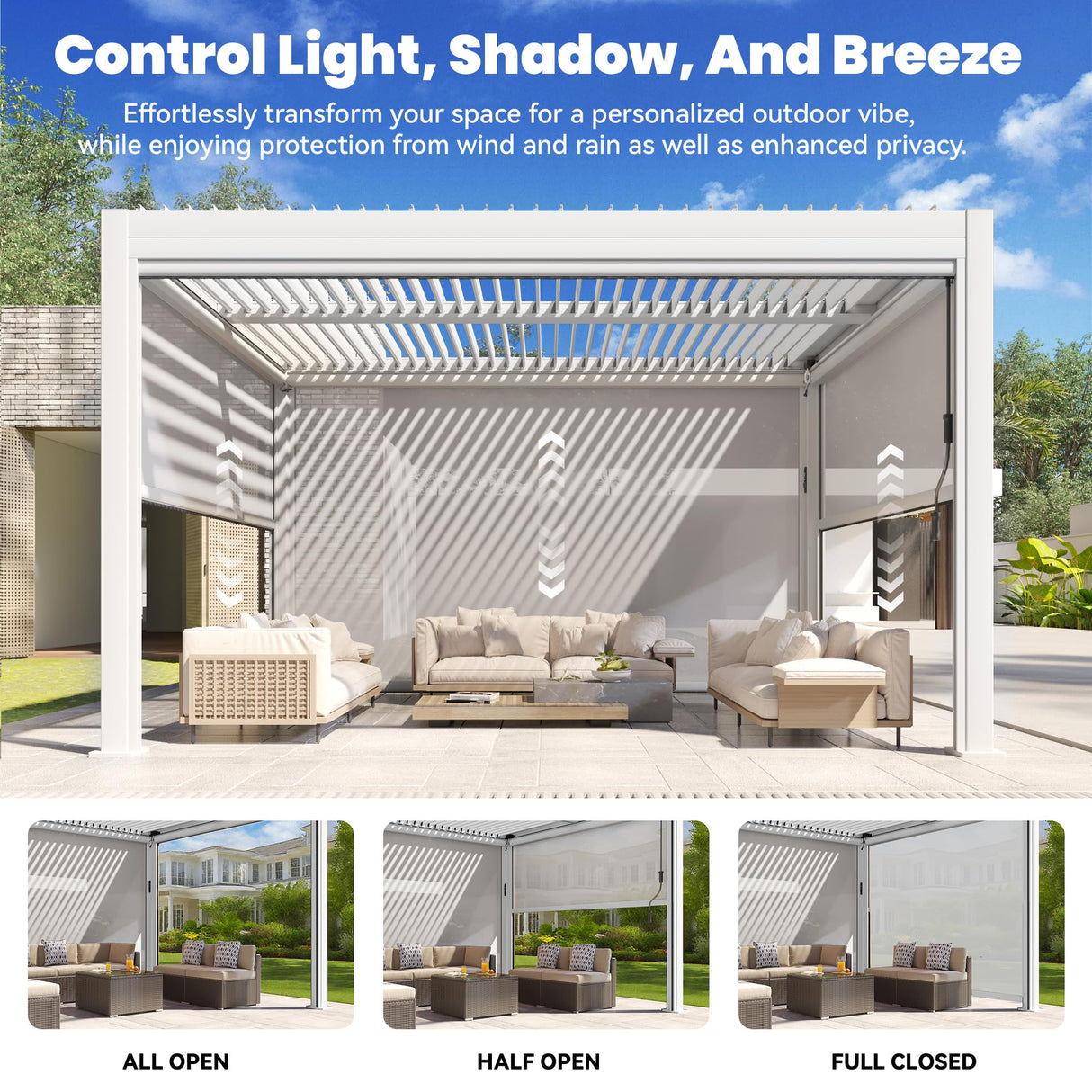 MELLCOM Motorized Louvered Pergola 10x13, Solar and Electric Powered with LED and 4 Side Screens, Aluminum Adjustable Louvered Roof for Outdoor Shelter, Weatherproof, White MELLCOM