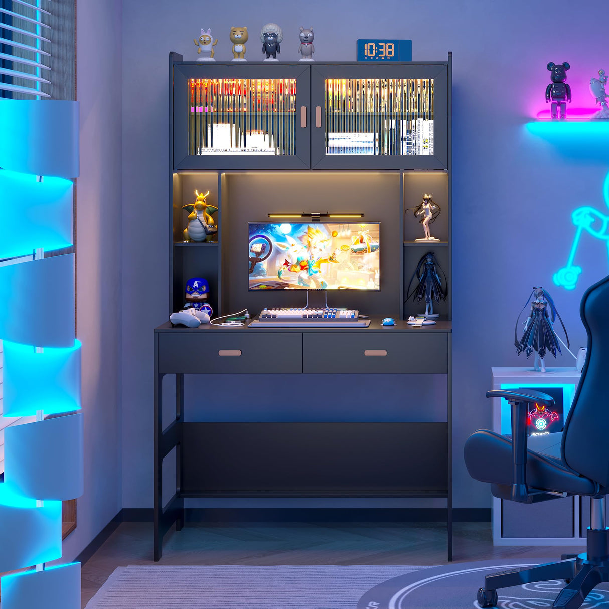 Vlsrka LED Computer Desk with Hutch, 40 Inch Modern Gaming Desk with Power Outlet, Wooden Home Office Desk with Storage Drawers & Shelves (Black) Vlsrka